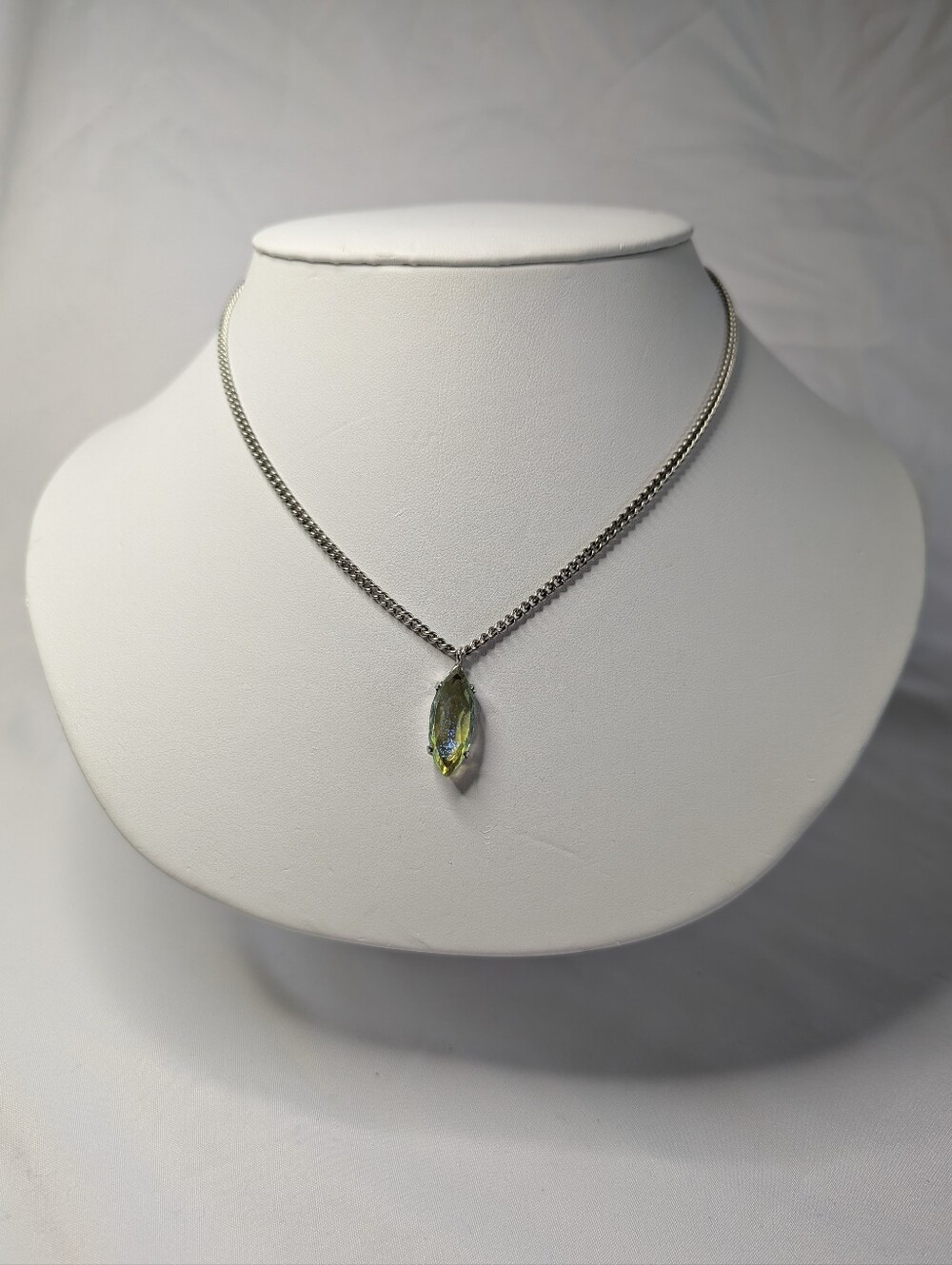 Stainless Steel Silver Chain Necklace with Green Marquise Crystal Pendant